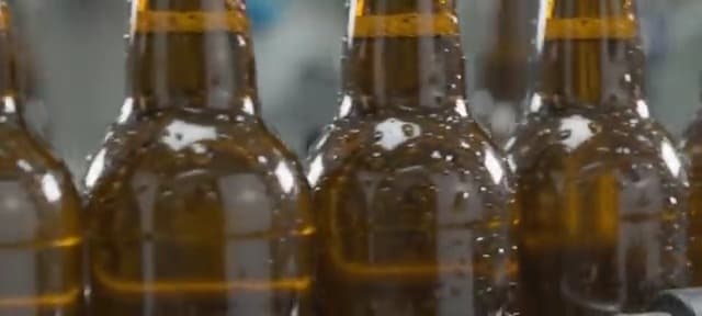 Wet glass bottles on a bottling line in the label drying zone