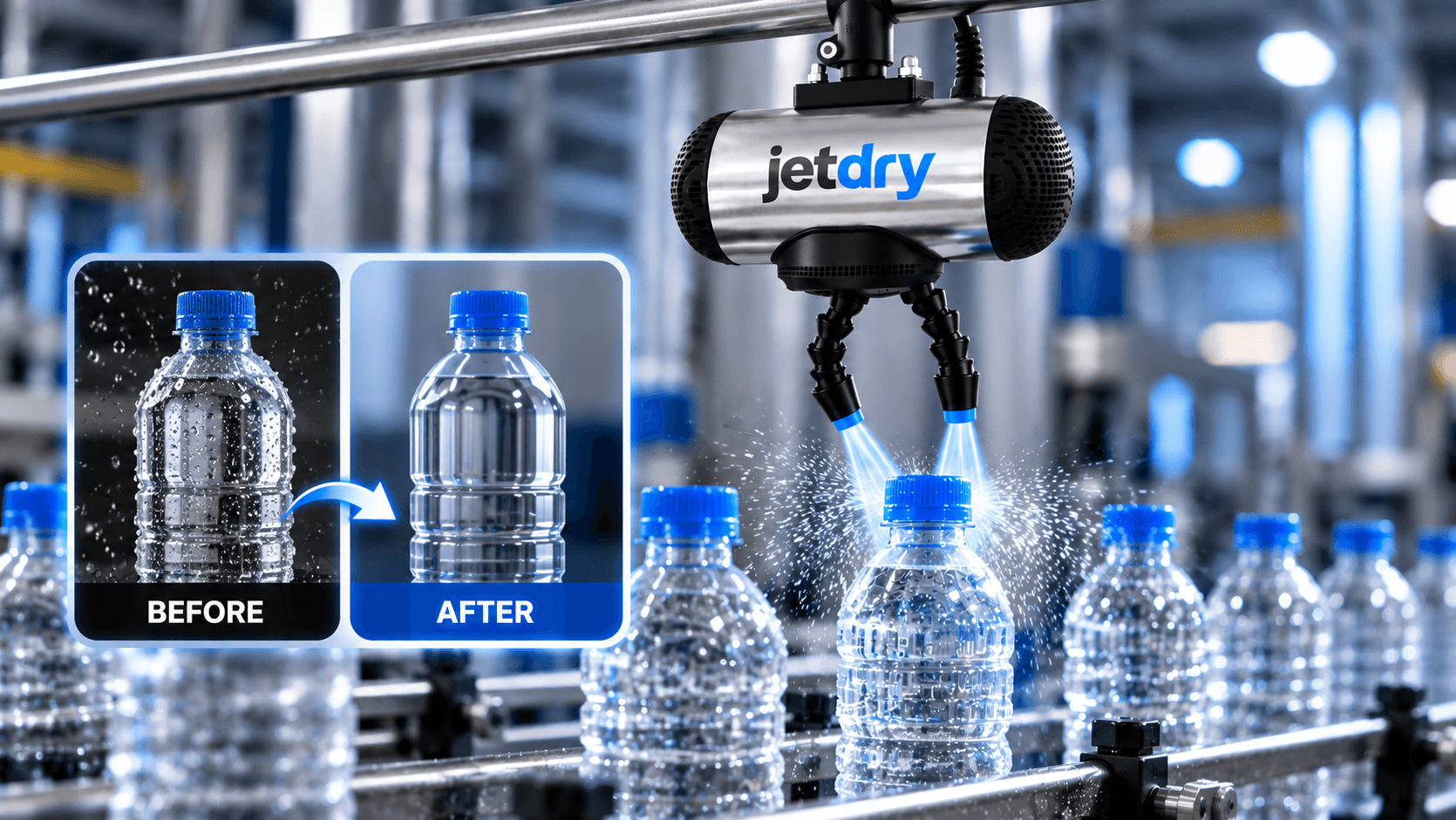 JetDry Spot-Trockner an einer Abfülllinie mit Vorher-Nachher-Vergleich